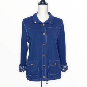 Jones New York Blue Cotton Jersey Jacket Nautical Snap Polka Dot Accent Utility